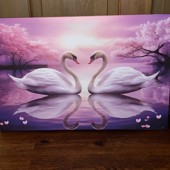 Love Swans Cherry Blossom Pink & Purple Canvas Print Wall Decor - Picture 4 of 8